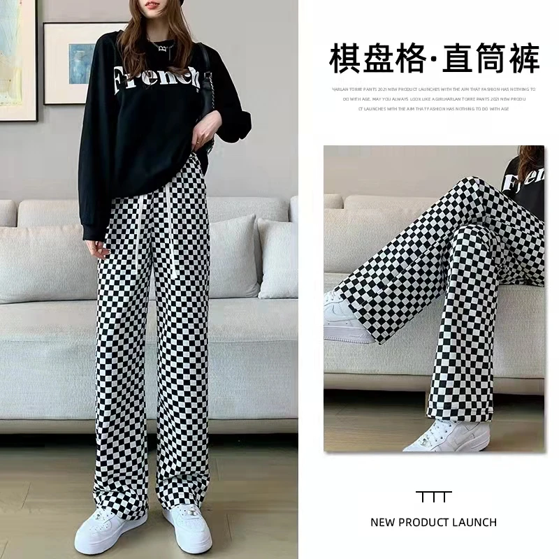 X2109【早春新款】黑白垂感棋盘格高腰直筒宽松复古阔腿裤