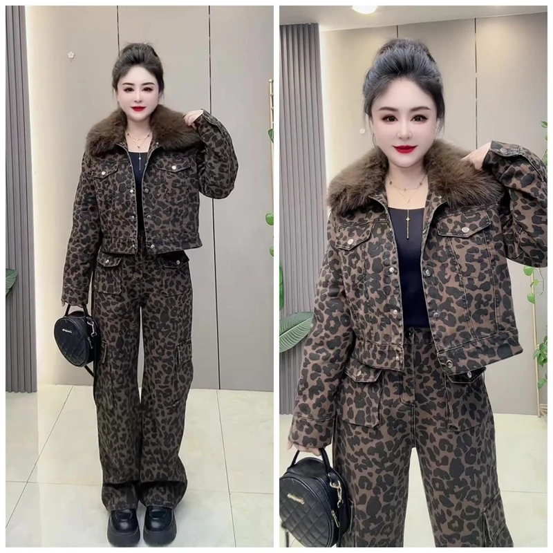 胖mm大码女装秋季时尚休闲显瘦豹纹牛仔加棉外套加绒裤子两件套装