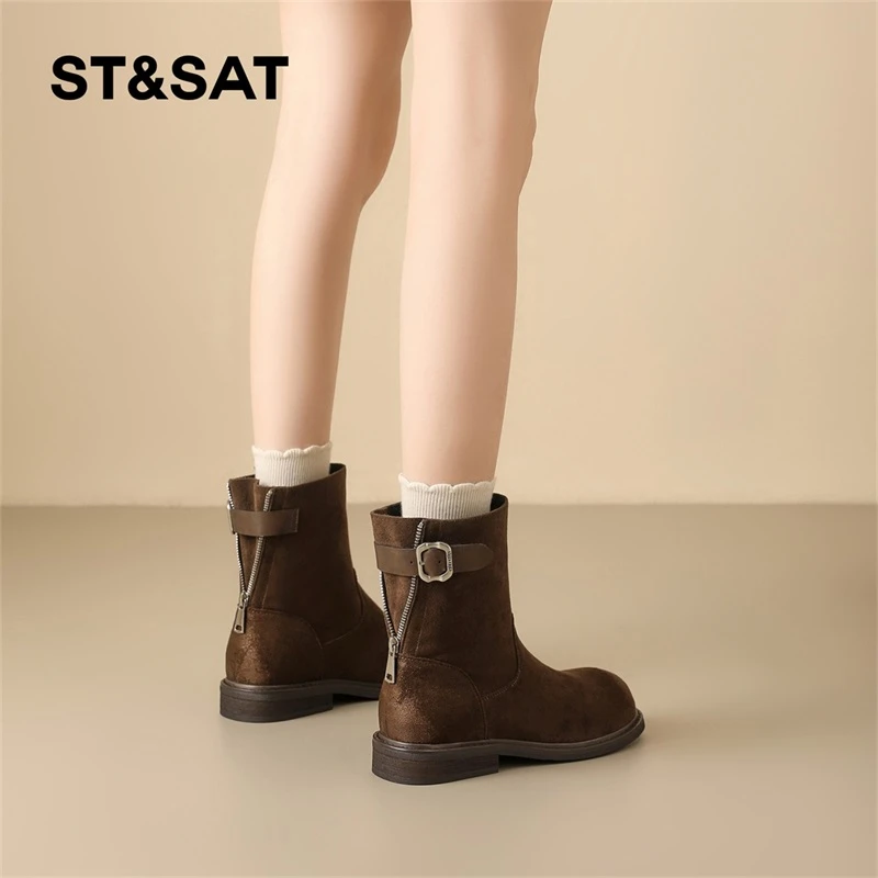 星期六棕色切尔西短靴女款2025超火秋冬季新款百搭时尚马丁靴女款