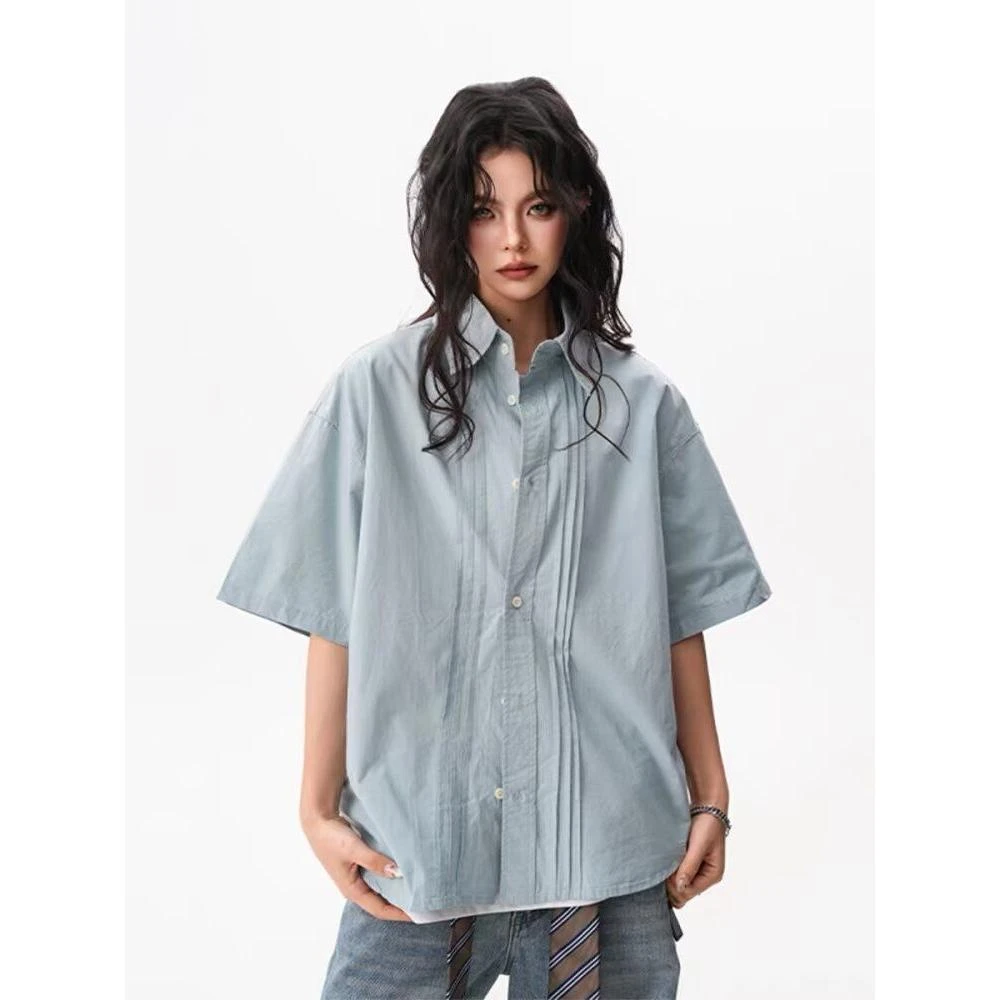 蓝色复古文艺短袖衬衫女夏季2025新款小个子休闲学生半袖衬衣外套