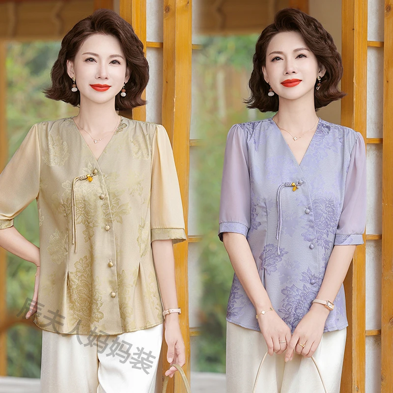 2025夏季新款中年妈妈装国风衬衫中老年女装时尚洋气显瘦百搭小衫
