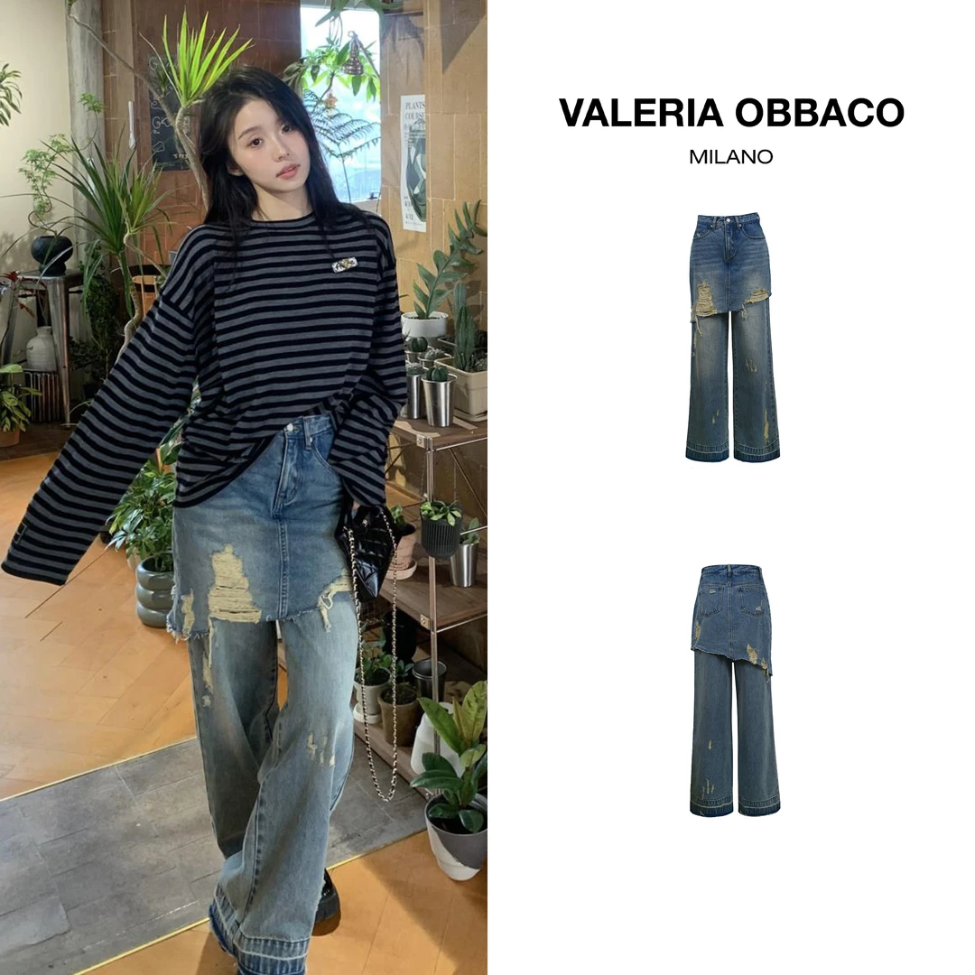VALERIAOBBACO/瓦莱丽娅 奥贝科多破洞假两件牛仔裤宽松休闲女装
