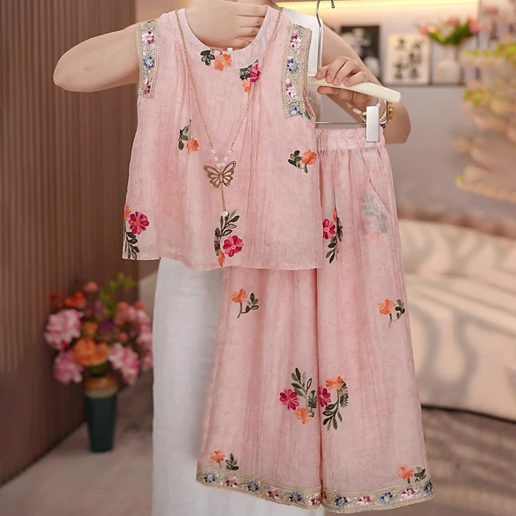 女童国风薄款套装夏季新中式T恤裙裤时髦洋气中大童2025新款两件