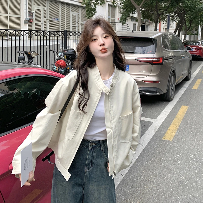 米白色韩版时尚气质设计感短外套女2025春季新款宽松显瘦百搭夹克