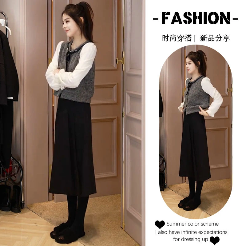 秋季穿搭一整套2025新款韩版蕾丝拼接假俩件上衣高腰半身裙两件套