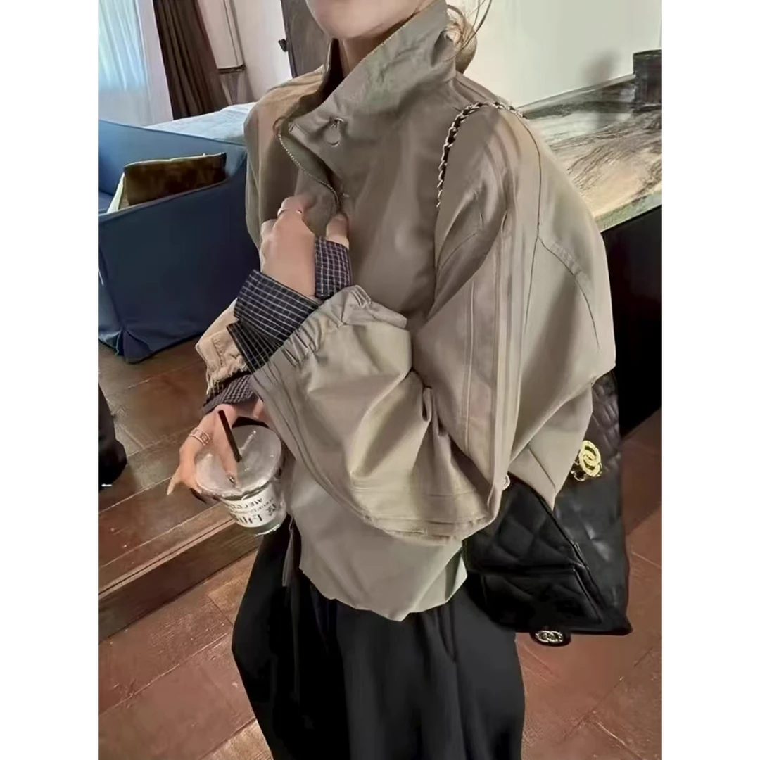 欧洲立领格子拼接短外套女2025秋季新款时尚百搭上衣193