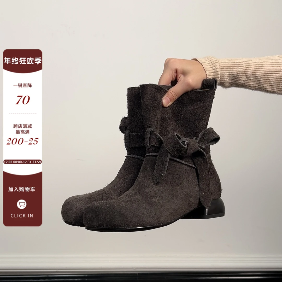 Dannyfrey新款复古方头绑带蝴蝶结切尔西靴真皮韩版百搭做旧短靴