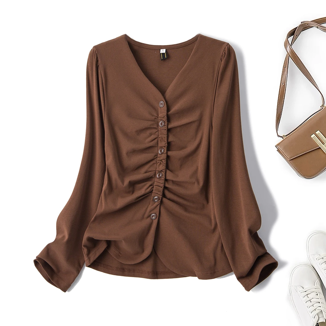 【运费补贴】大码春季新款胖m褶皱长袖衬衣正肩显瘦设计感上衣63597