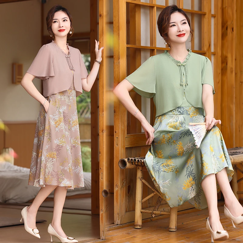 中年妈妈时尚连衣裙夏2025新款50岁岁老年女洋气遮肚雪纺假两件裙