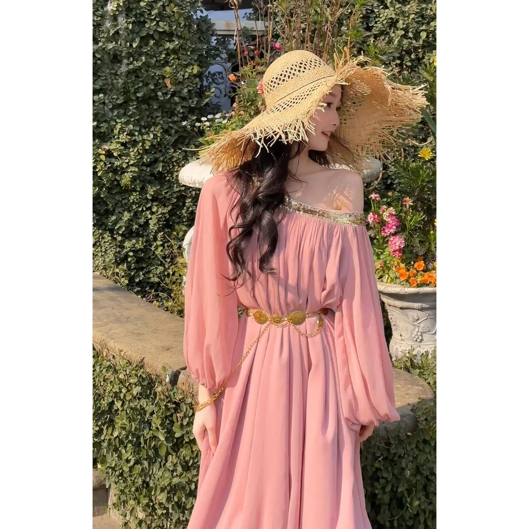 2025年春季新款亮片复古浪漫长袖连衣裙慵懒氛围感气质长裙送腰链