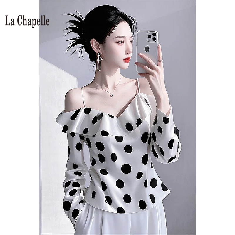 拉夏贝尔白色波点吊带衬衫女2025早春高端气质法式荷叶边别致上衣