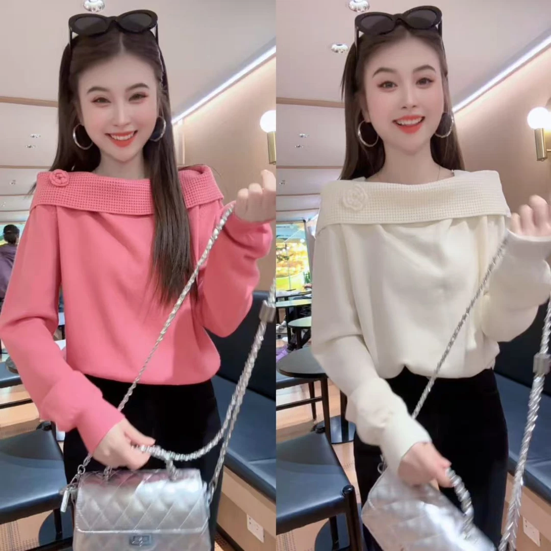 XU欧货一字领立体花朵荷叶边长袖针织衫毛衣女款爆款2025新款洋气