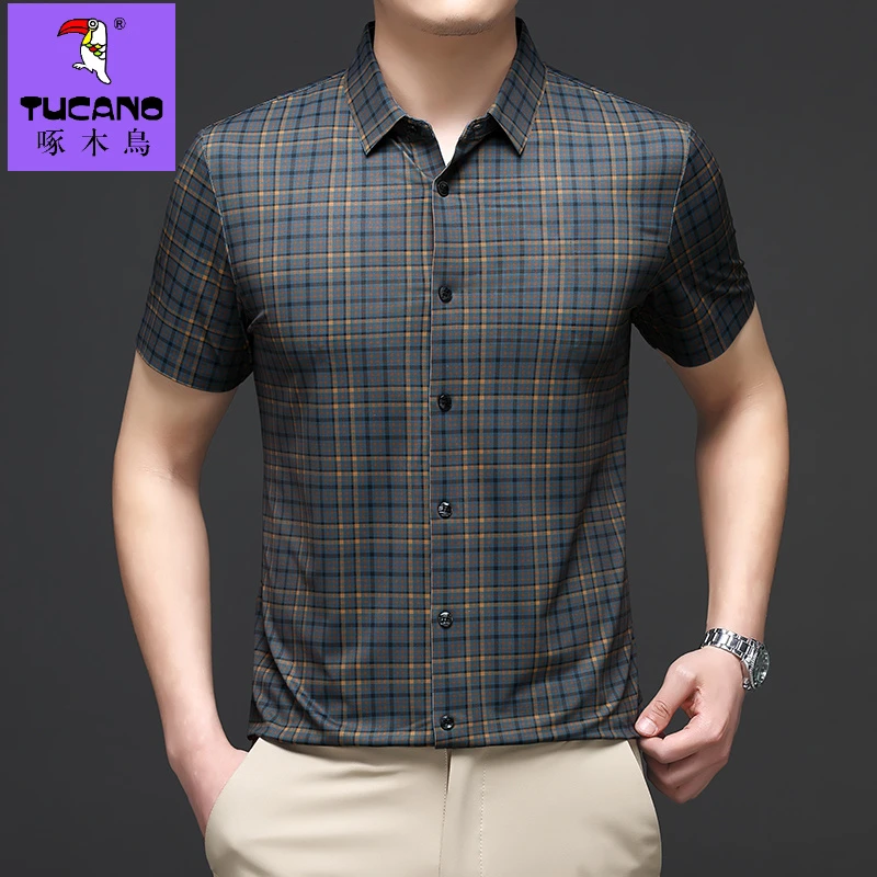 【格子衬衫】啄木鸟夏季新款百搭休闲T恤衫男士短袖宽松薄款衬衣潮