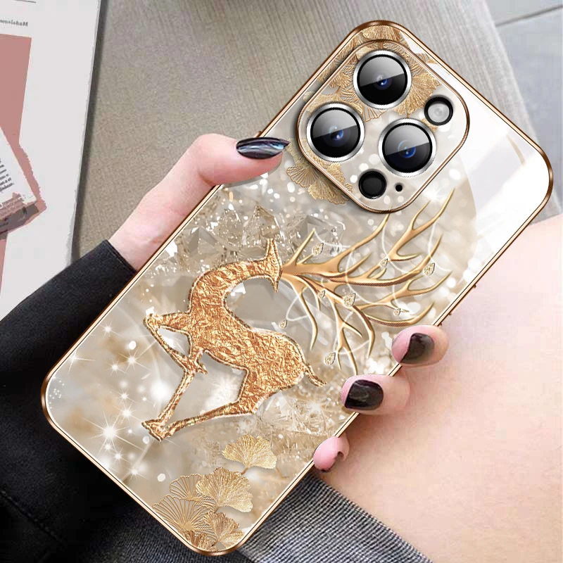 适用苹果16金箔鹿手机壳高级感iPhone16promax女神奢华新款高颜值