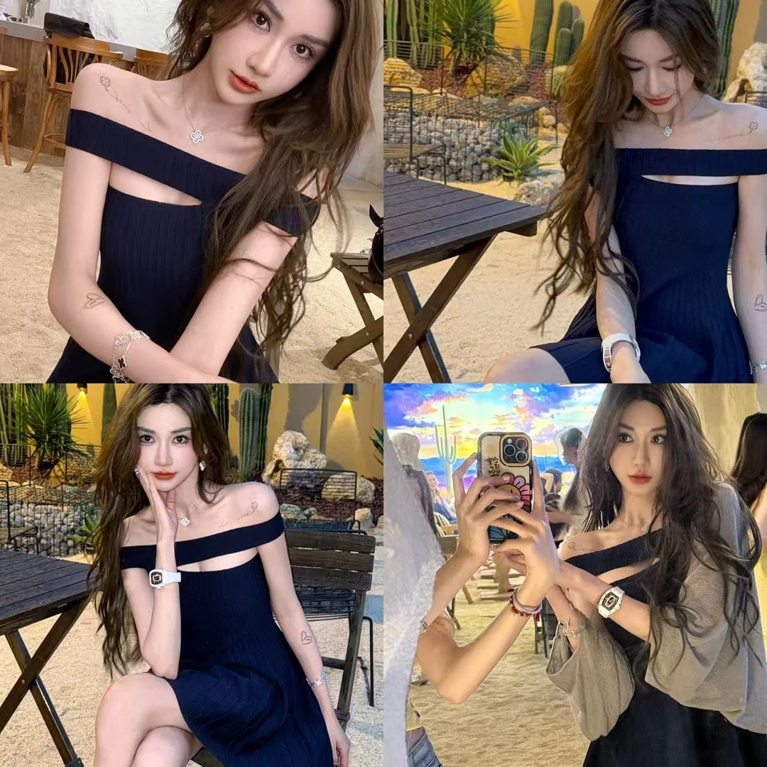 贵气感一字肩两穿针织连衣裙