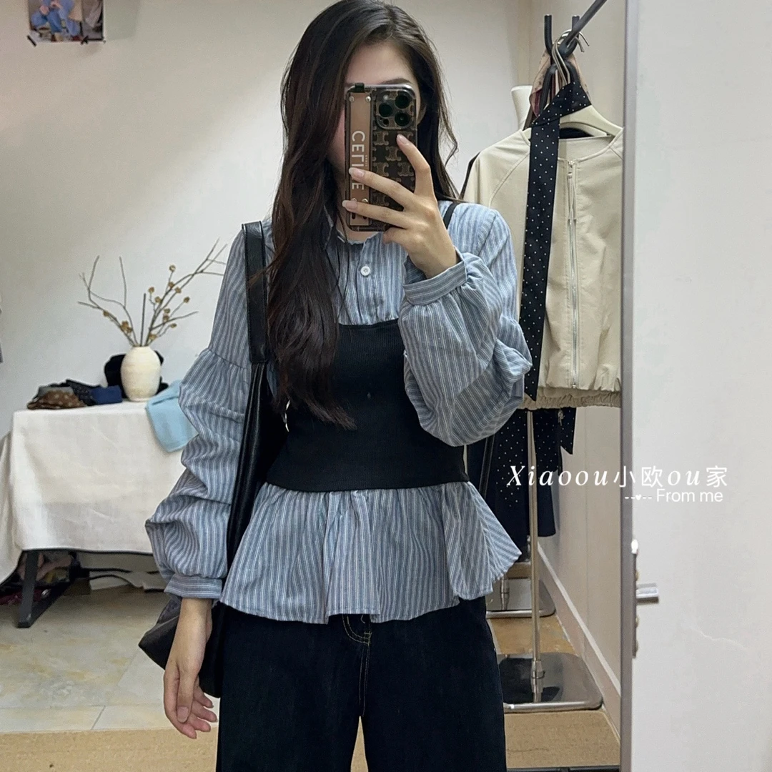 韩系小众复古拼接设计感长袖衬衫女早秋通勤显瘦上衣
