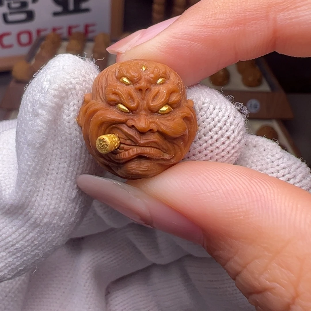 把件猴头核桃精修镶嵌金烟鬼全品有正常封口线