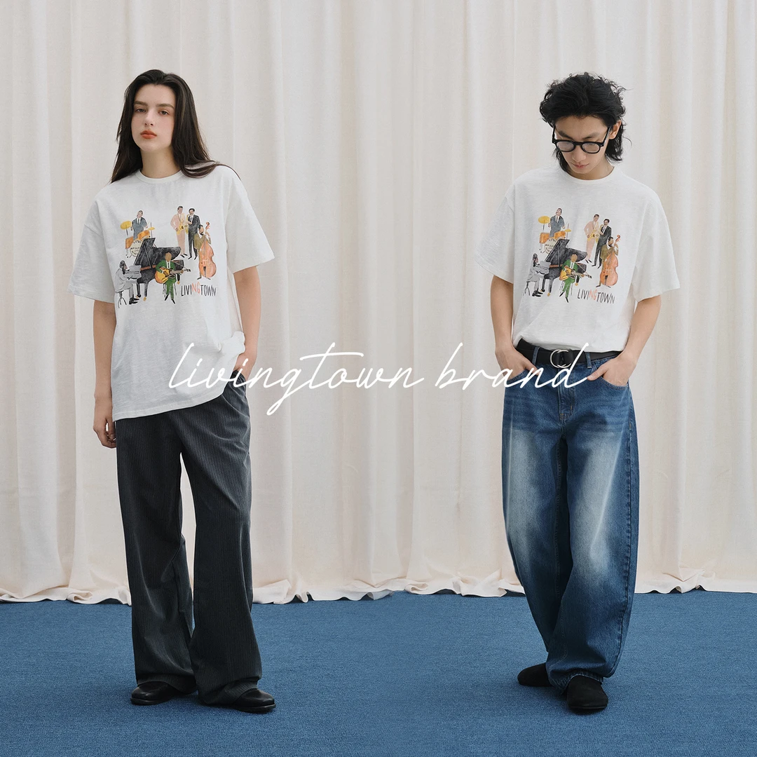LIVINGTOWN夏季新款纯棉透气240g竹节棉交响乐印花宽松圆领短袖
