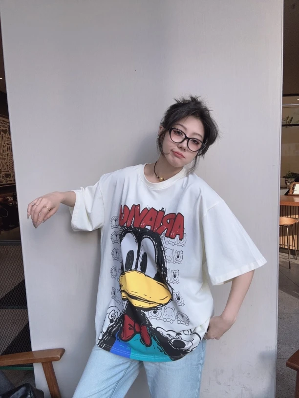 透气休闲中长款半袖印花宽松时尚T恤卡通动漫常规款圆领短袖