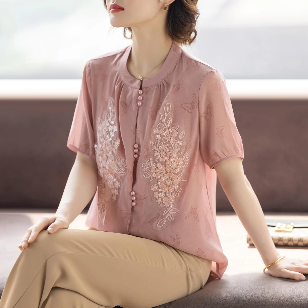 恒源祥彩羊五十多岁妈妈夏装短袖衬衫套装洋气质时尚中老年女上衣