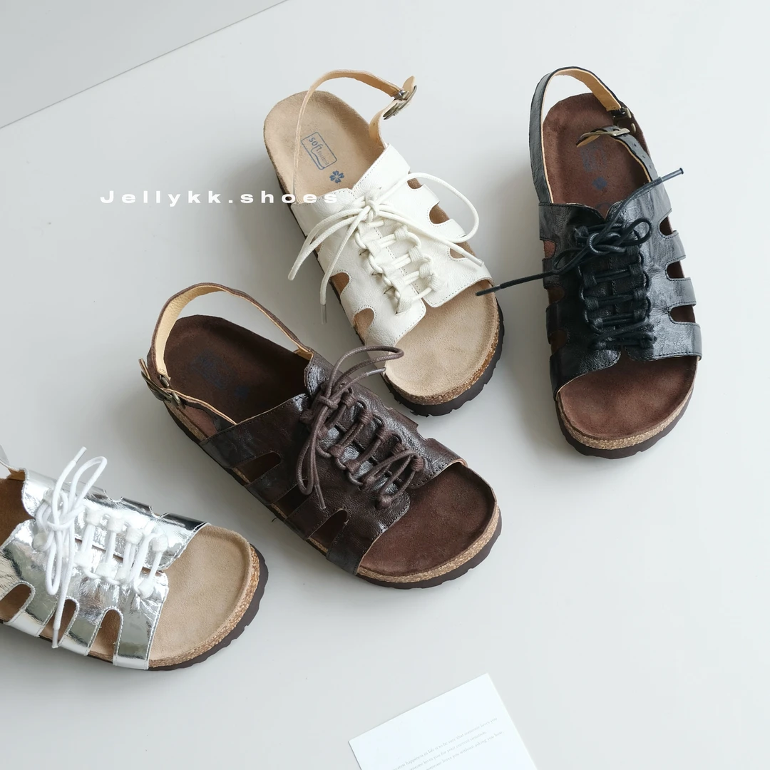 【Jellykk】4.5cm休闲百搭厚底夏季真皮罗马复古系带镂空时装凉鞋