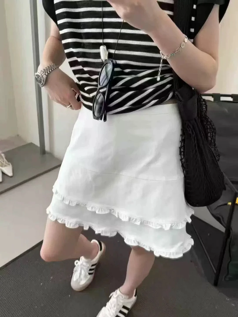 时尚百搭夏季双层木耳边A字高腰显瘦防走光半身裙女大码