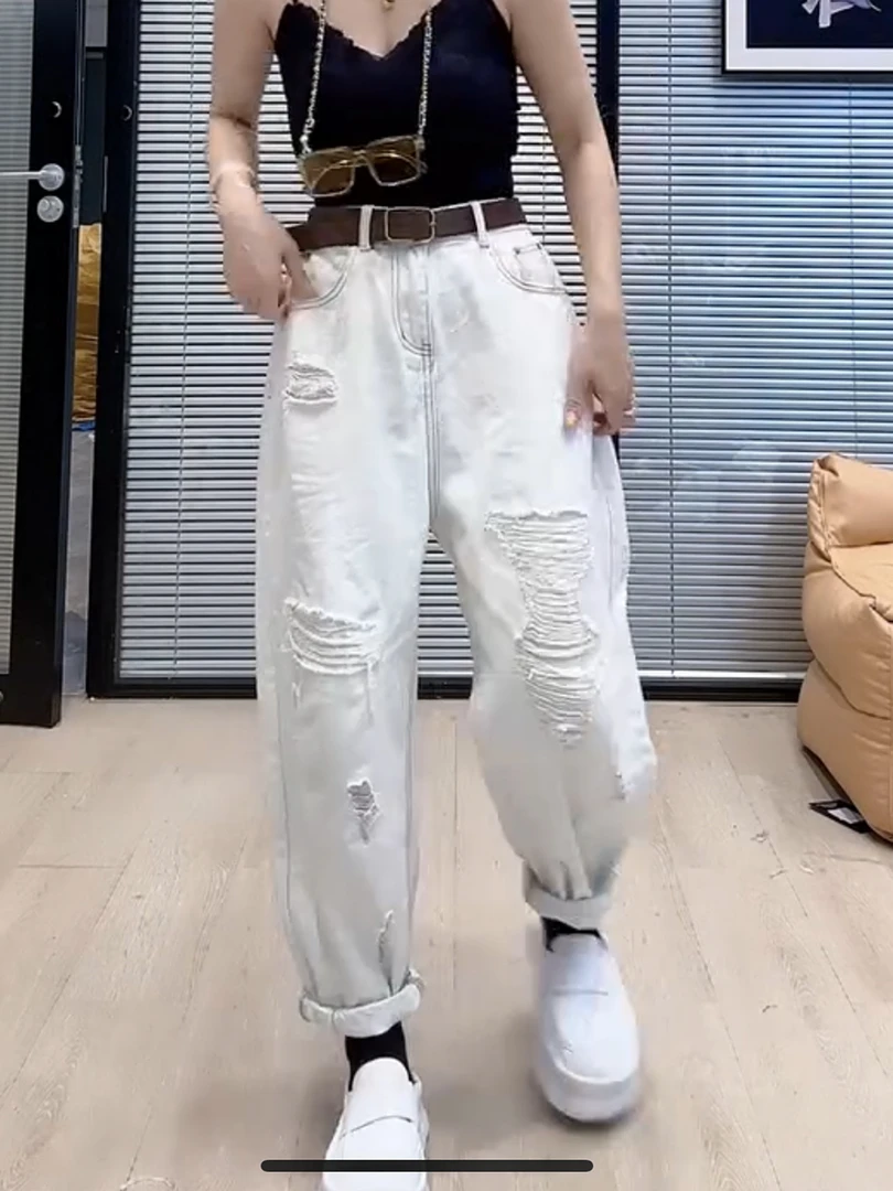 薄款白色破洞牛仔裤老爹裤女款爆款2025新款明线微胖大码显瘦