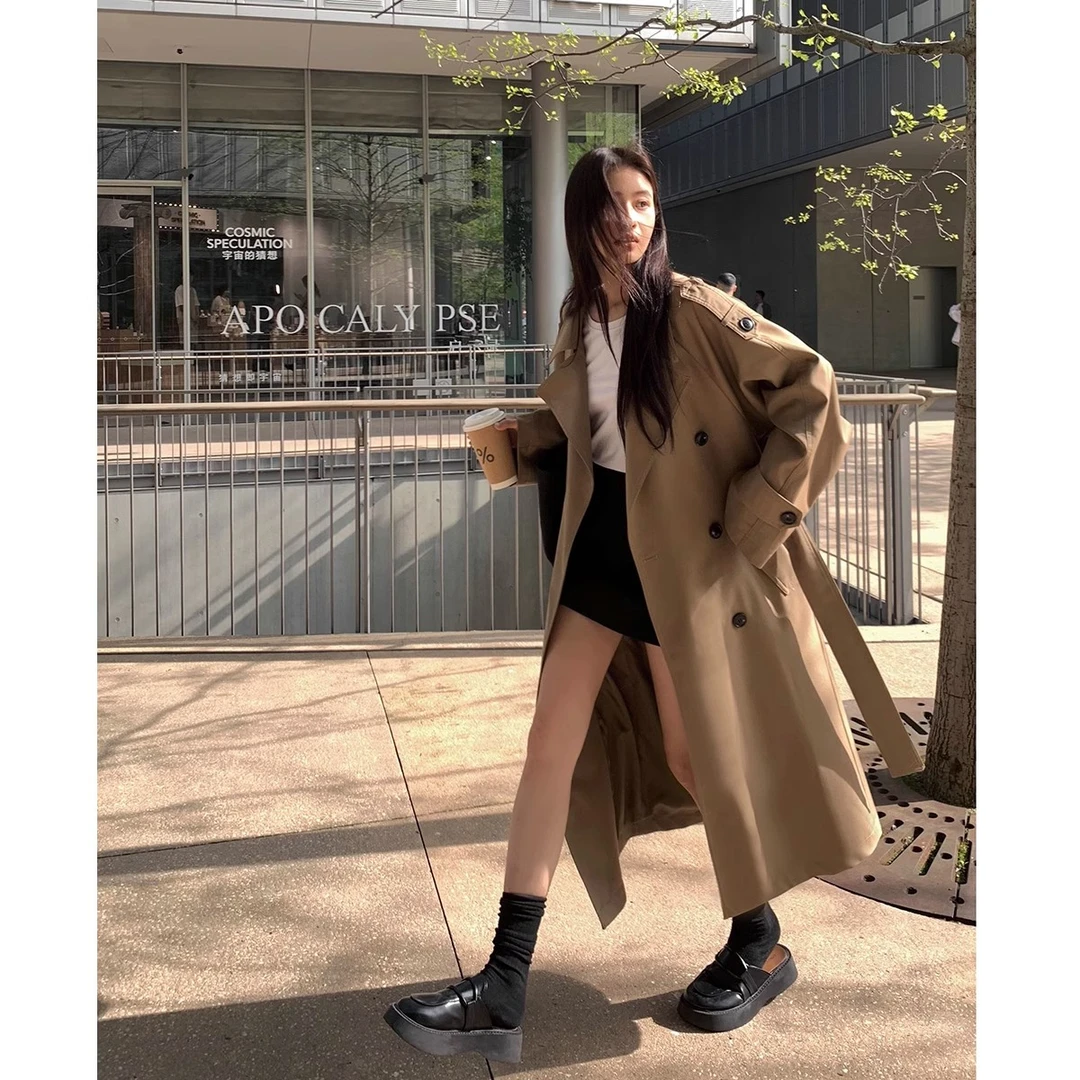 风衣外套女款2025新款高级感廓形大翻领双排扣长款气质卡其色大衣