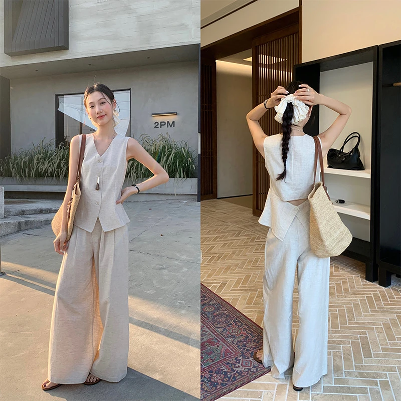 爱西里2025年夏简约风后背镂空露腰背心+松弛感显瘦阔腿裤套装151