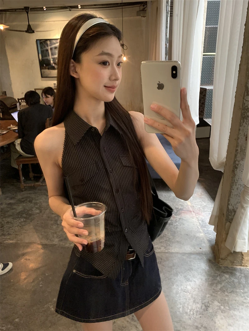 慵懒风无袖上衣春夏时尚条纹漏背系带蝴蝶结背心显瘦辣妹修身T恤