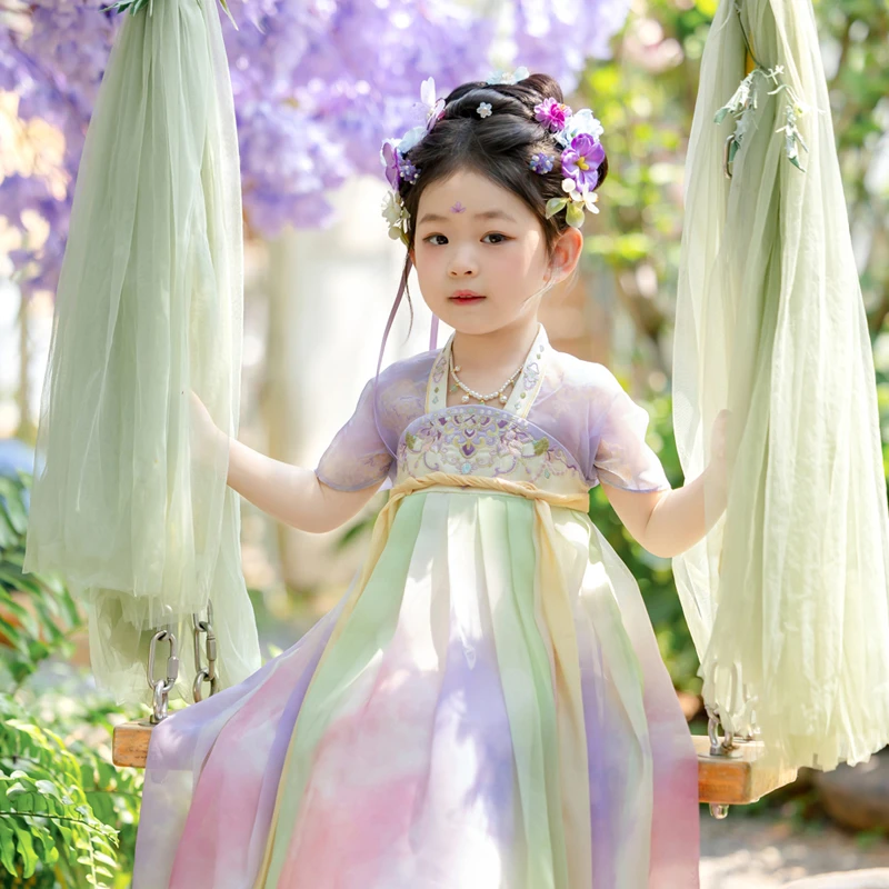 汉服女童夏款新品齐胸襦裙儿童襦裙短袖刺绣超仙新中式公主唐装