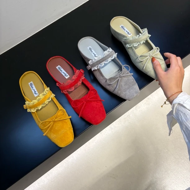 H 3150-6 内增高蕾丝边一字带蝴蝶结包头半拖女2025新款单鞋软底