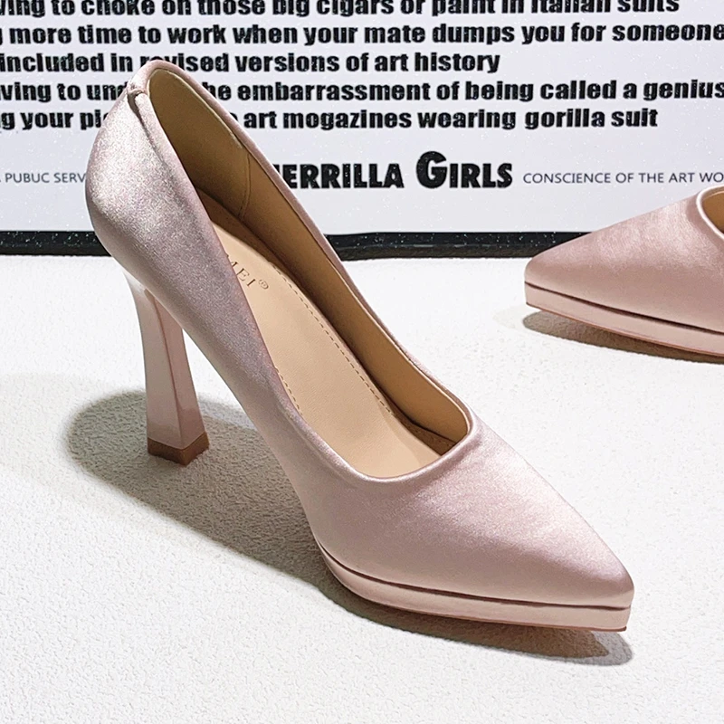 粉色绸缎厚底超高跟鞋女2025早春新款气质软皮性感百搭防水台单鞋