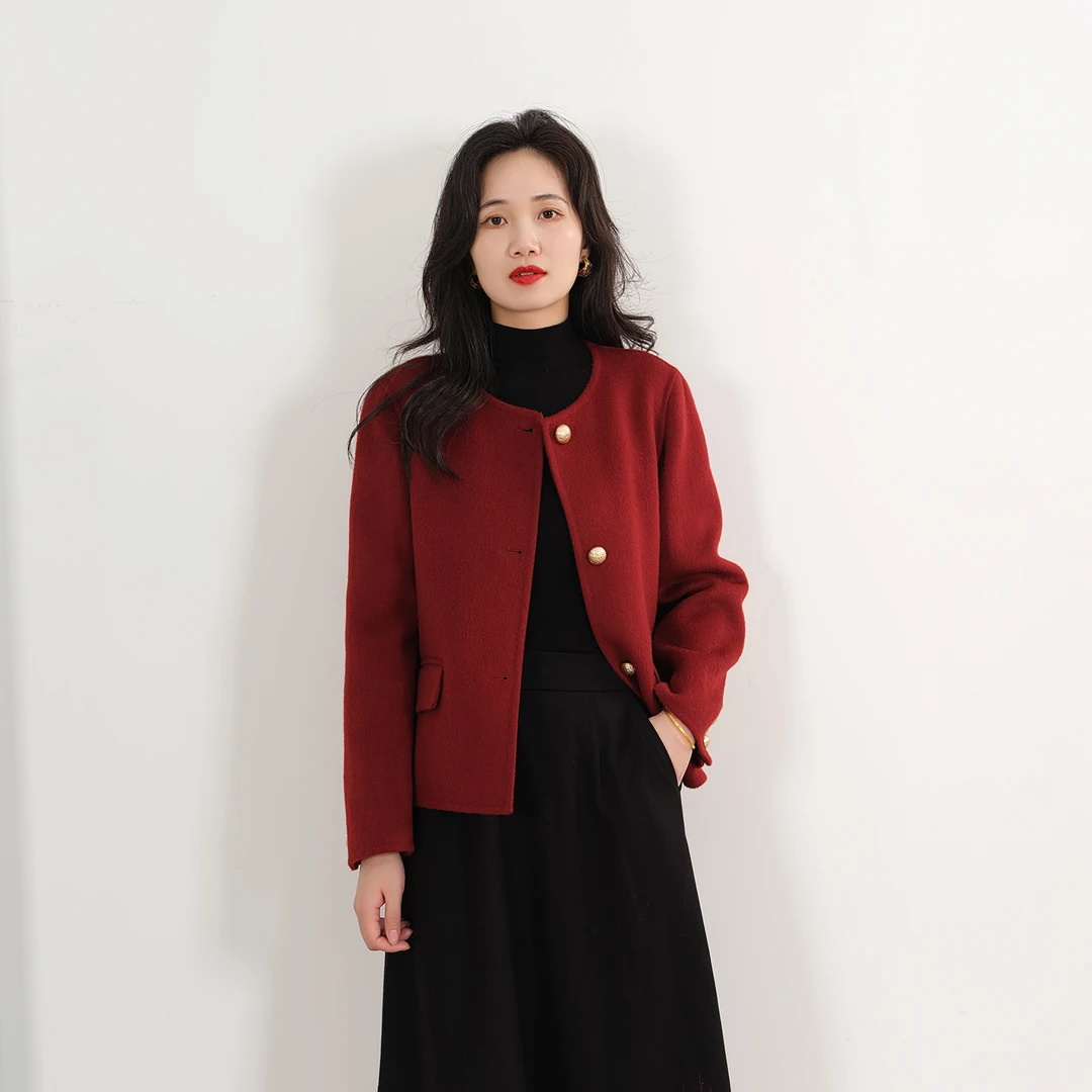 EKNR100%双面羊毛大衣女小香风2025秋冬加厚百搭圆领短款双面呢女