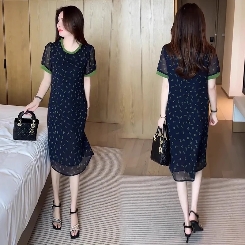 2025夏季新款时尚连衣裙女时髦洋气撞色拼接减龄显瘦衣印花裙子潮
