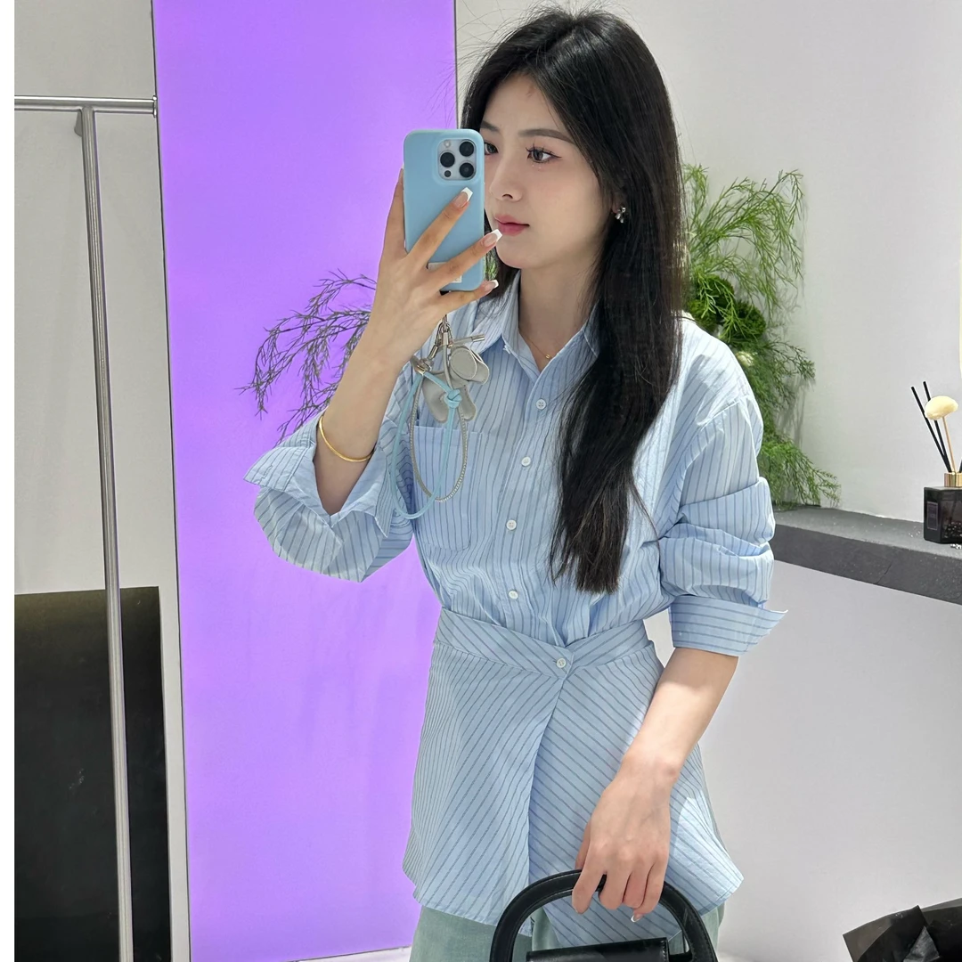【YI家服饰】2025长袖衬衫条纹蓝色上衣绑带衬衫春季收腰款92305