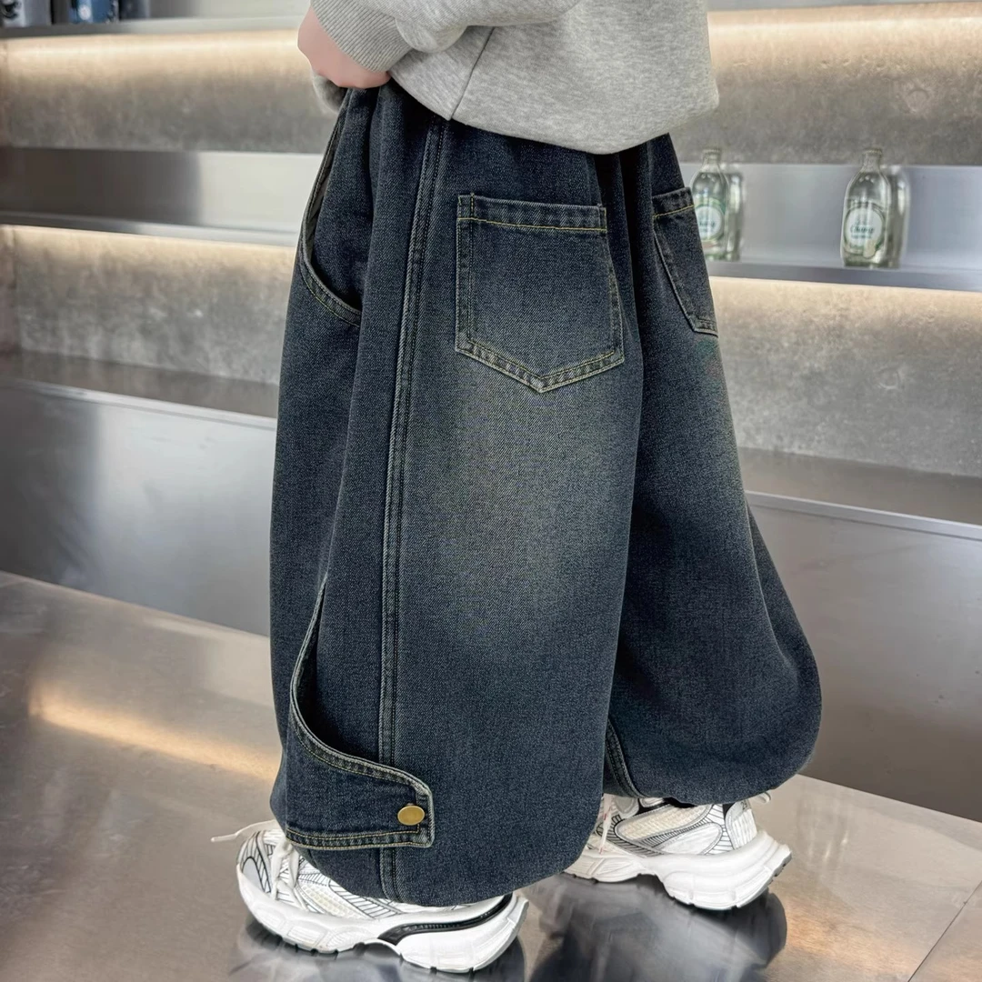 男童加绒牛仔裤秋冬装2025新款儿童一体绒裤子小男孩加厚灯笼长裤