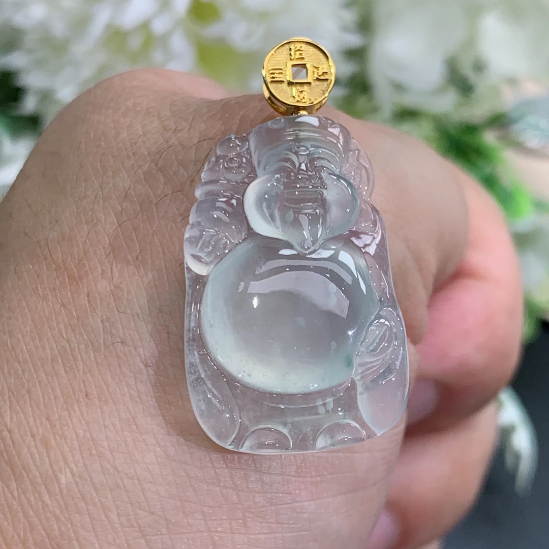 尺寸28.4×18.4×6.3缅甸天然翡翠A货18k金高冰胶白月光财神吊坠