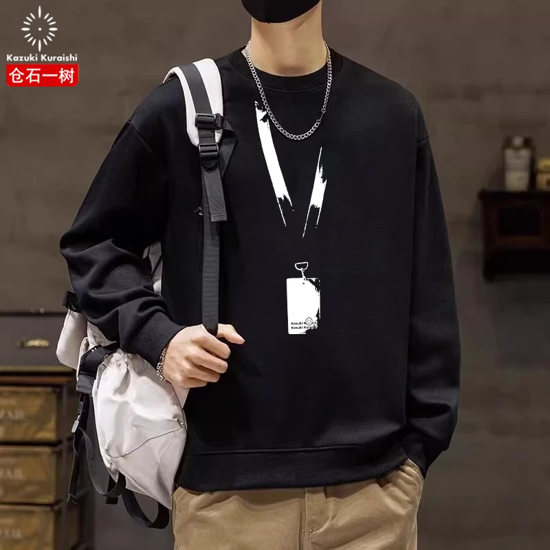 仓石一树潮流创意工卡落肩袖宽松卫衣男士春秋季美式圆领长袖T恤