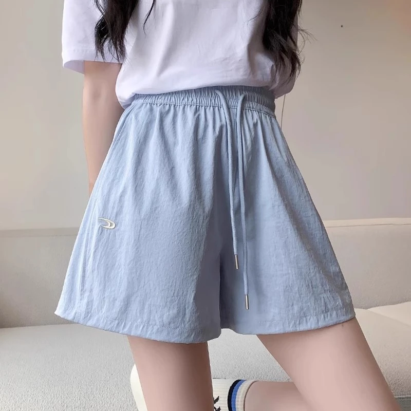 蓝色速干工装短裤女夏季外穿刺绣阔腿中裤小个子冰丝五分运动裤