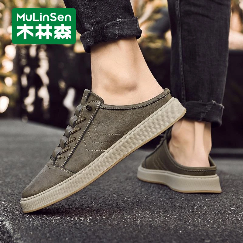 休闲半拖鞋真皮秋季半拖秋季舒适男鞋一脚蹬无后跟休闲舒适懒人鞋