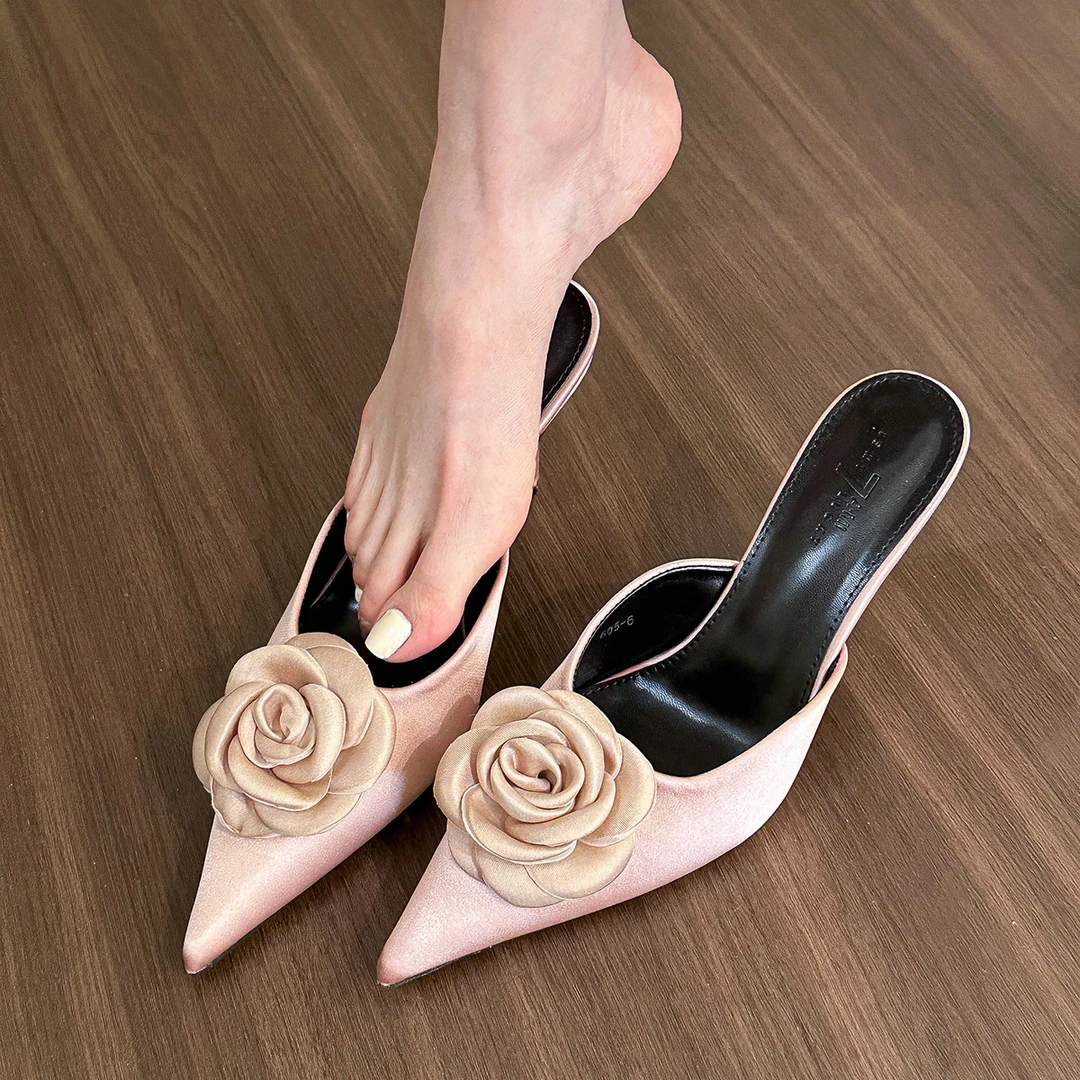 法式超火！ 莫奈玫瑰花！油画粉尖头高跟鞋女2025春季细跟半拖鞋