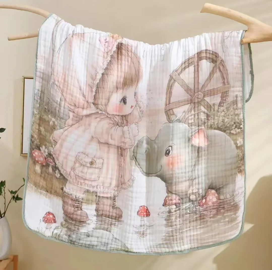 新生儿六层一体纯棉纱布浴巾110*110独版印花大裹巾吸水透气抗菌