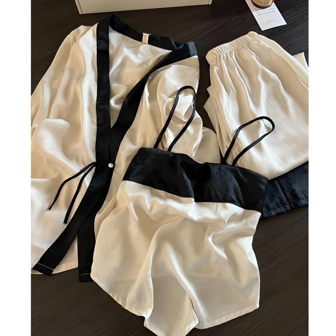 国风提花冰丝带胸垫睡衣女夏季吊带新中式国风家居服三件套可外穿