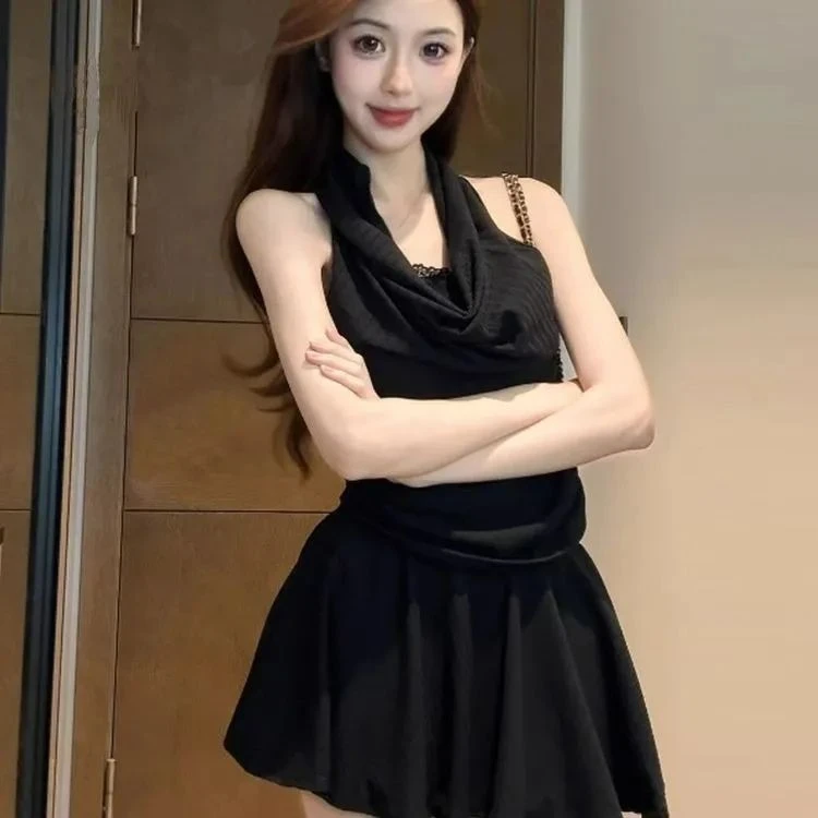 法式夏季新款黑色辣妹纯欲风假两件蕾丝连衣裙女纯欲修身挂脖裙子