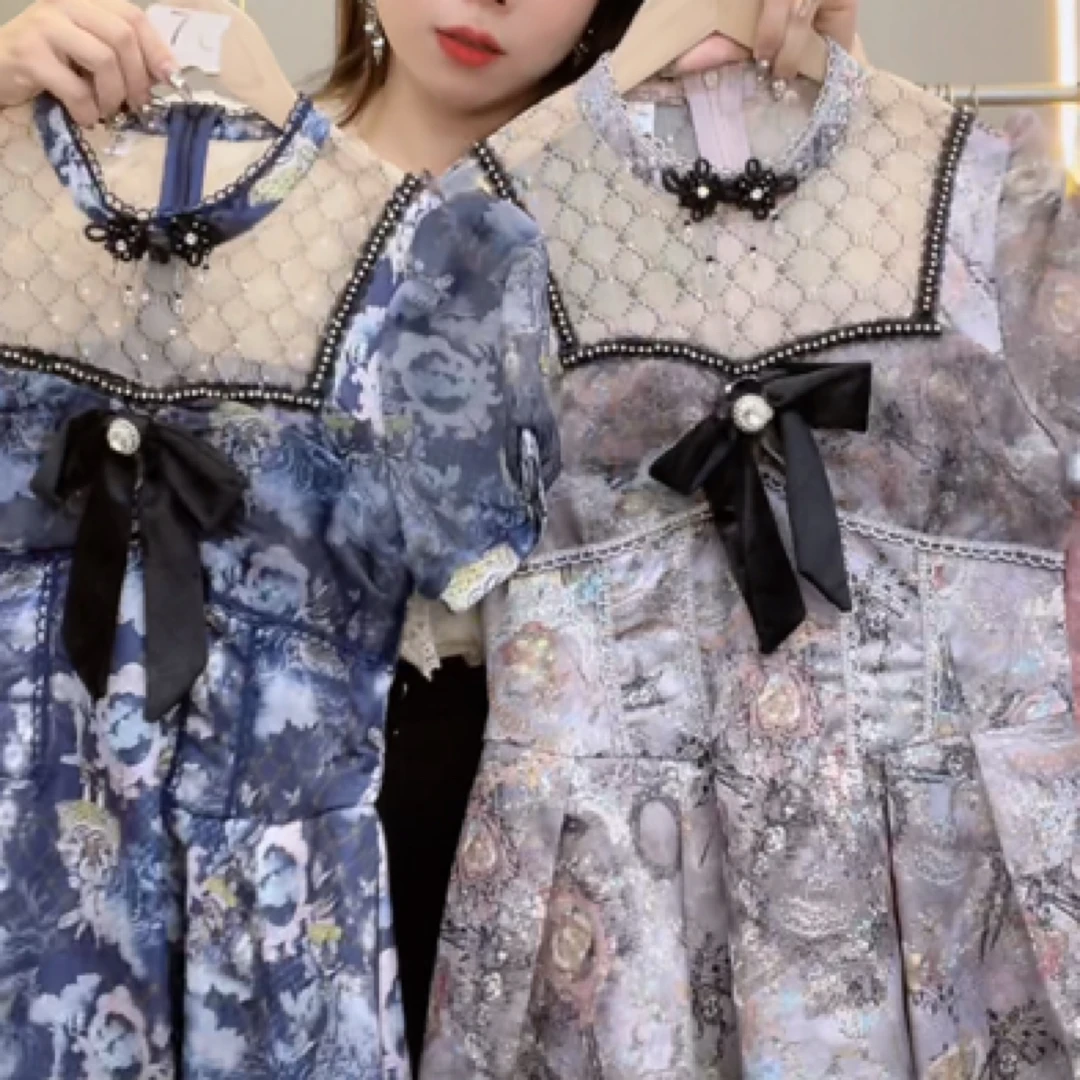 复古宫廷风高腰蝴蝶结短款泡泡袖连衣裙