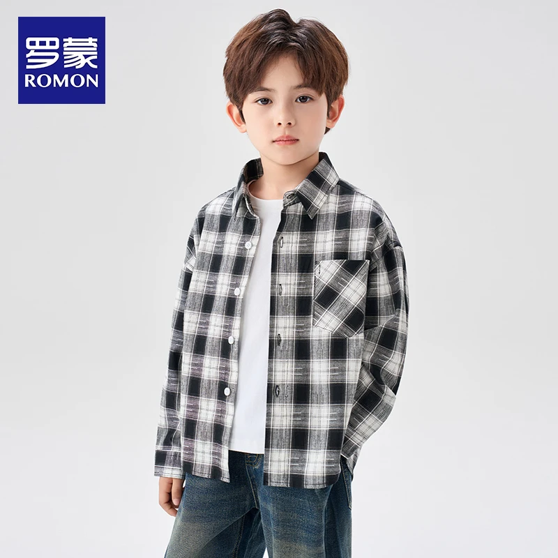 罗蒙童装男童秋装儿童格子衬衫中大童男孩上衣休闲衬衣外套25新款