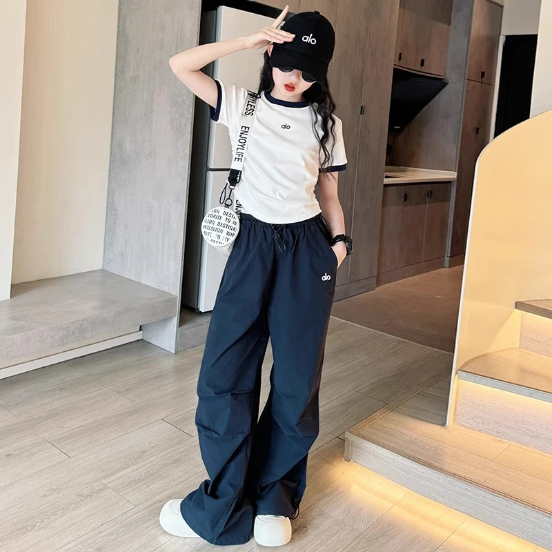 女童夏装套装2025新款爆款洋气短款t恤大童女孩时髦阔腿裤高级感