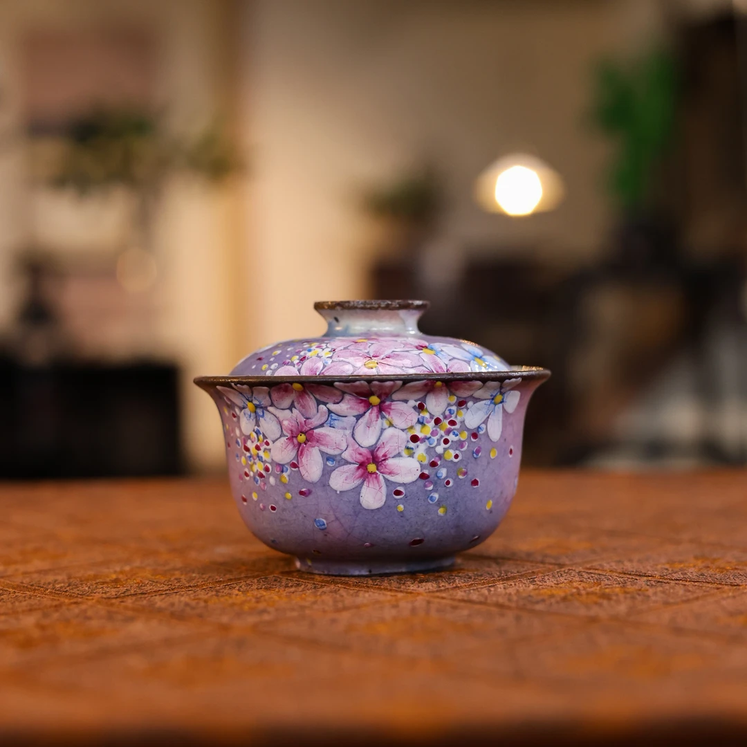 斋居   粉引紫花海棠元宝小盖碗（蕉白S0830）