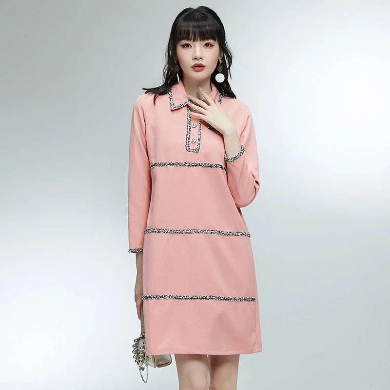 深圳南油43NY0A0043毛边拼接中裙长袖连衣裙女